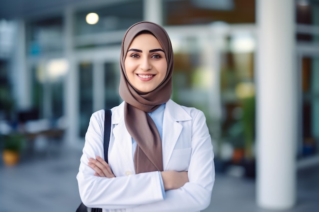 Closeup portrait of friendly smiling confident muslim female doctor