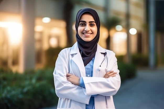 Closeup portrait of friendly smiling confident muslim female doctor