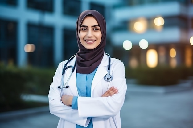 Closeup portrait of friendly smiling confident muslim female doctor