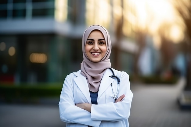 Closeup portrait of friendly smiling confident muslim female doctor