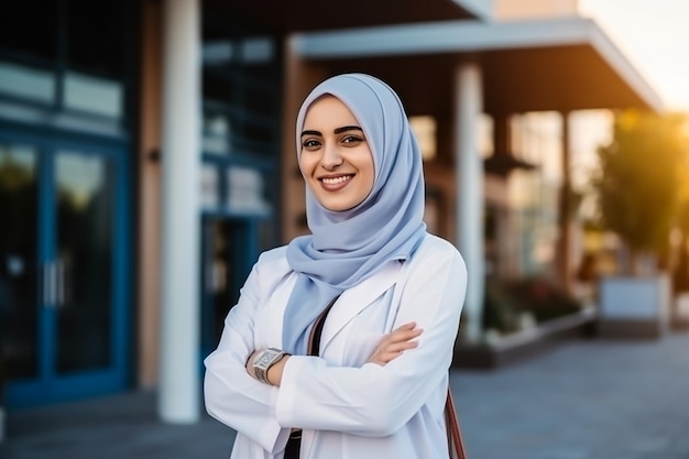 Closeup portrait of friendly smiling confident muslim female doctor