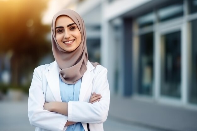 Closeup portrait of friendly smiling confident muslim female doctor