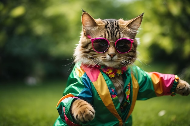 Closeup portrait of funny ginger cat wearing sunglasses isolated on light cyan Copyspace