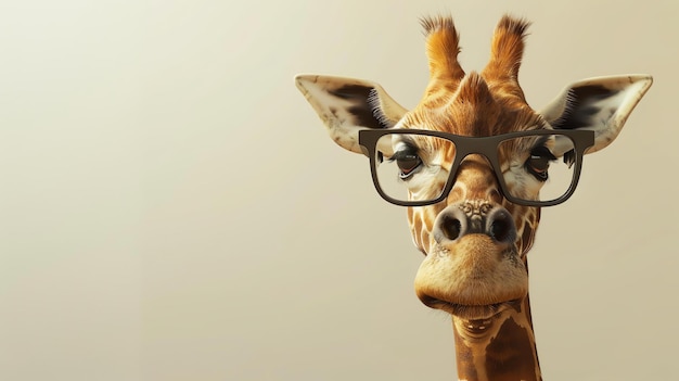 Photo closeup portrait of a funny giraffe wearing black eyeglasses the giraffe is looking at the camera with a curious expression