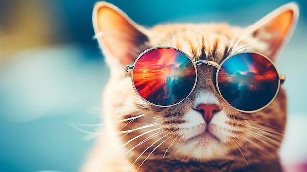 Closeup portrait of funny smart cat wearing sunglasses Ai