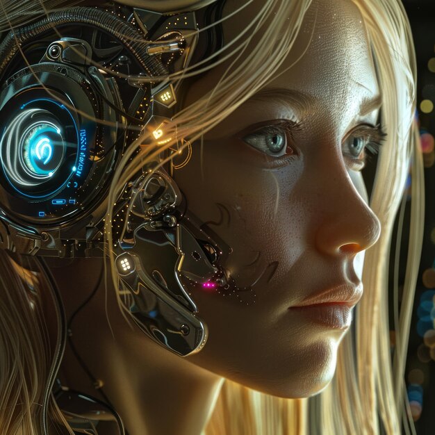 Closeup portrait of a futuristic female robot 3d rendering