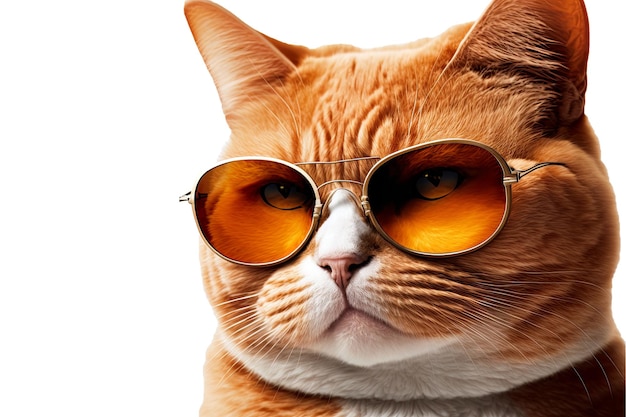 Closeup portrait of ginger cat wearing sunglasses isolated on white background