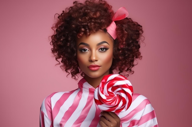 Photo a closeup portrait of a girl of african descent with long curly hair a white and pink striped shirt and a white and pink candy on the purple background