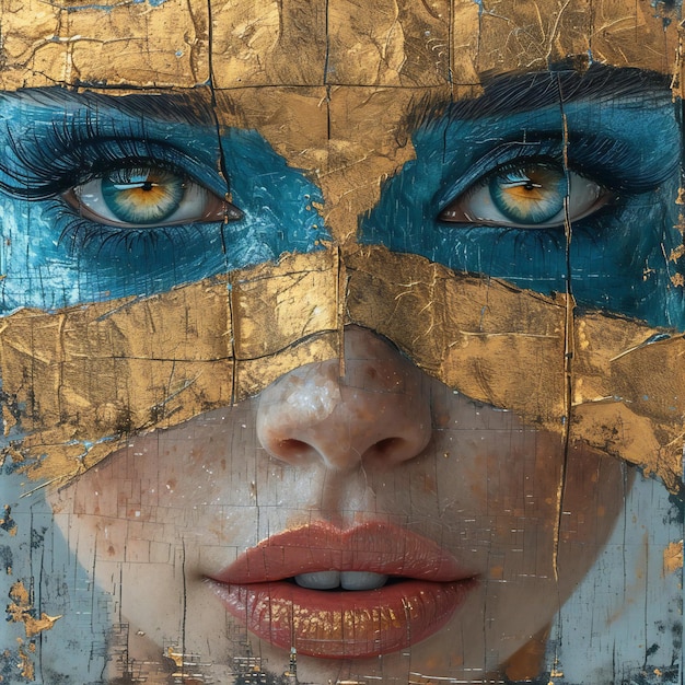 Closeup portrait of a girl with blue and gold painted on her face