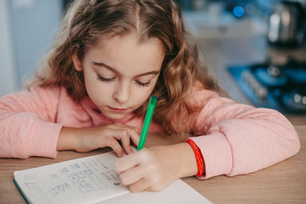 Closeup portrait of a girl writing doing homework learn from home and practicing write beautiful girl