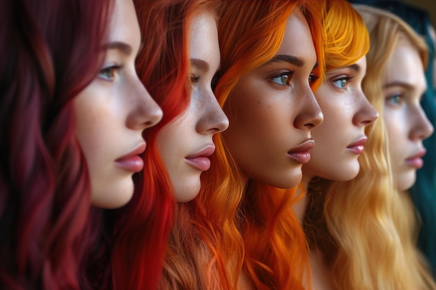 closeup portrait of girls of different nationalities with bright hair dyeing hair dye