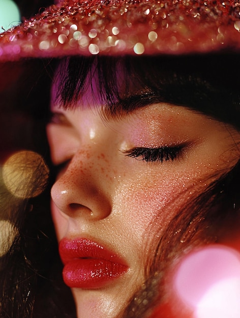 Photo closeup portrait of a glamorous woman with freckles and sparkling makeup