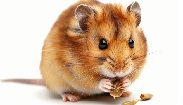 Closeup Portrait of a Golden Hamster Eating a Seed