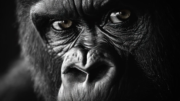 Photo a closeup portrait of a gorillas face focusing on its intense intelligent eyes the gorilla is looking directly at the camera creating a powerful and enigmatic image