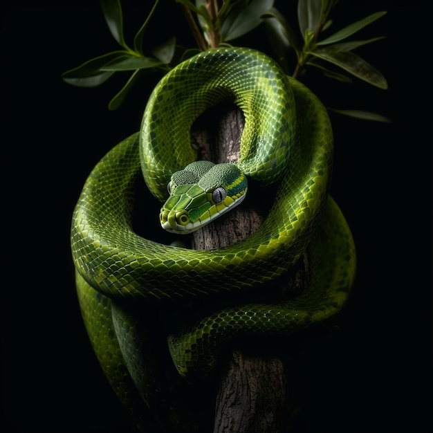 closeup portrait of green snake on black background generative ai