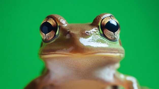 Photo closeup portrait of a green tree frog with striking eyes against a vibrant green background