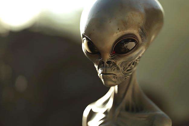 Closeup Portrait of a Grey Alien with Large Dark Eyes and Wrinkled Skin