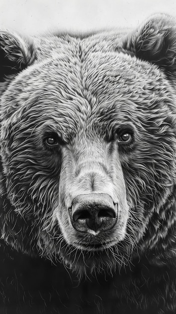 Closeup portrait of a grizzly bear fur detailed in shades of grey