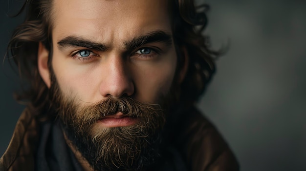 Photo closeup portrait of a handsome man with long hair a beard and intense blue eyes