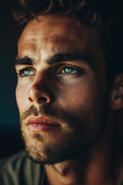 Closeup portrait of a handsome young man with blue eyes