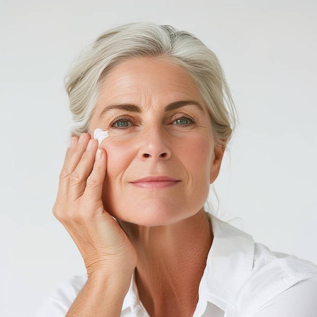 Photo closeup portrait of a happy beautiful senior woman portrait smiling with beauty skincare concept