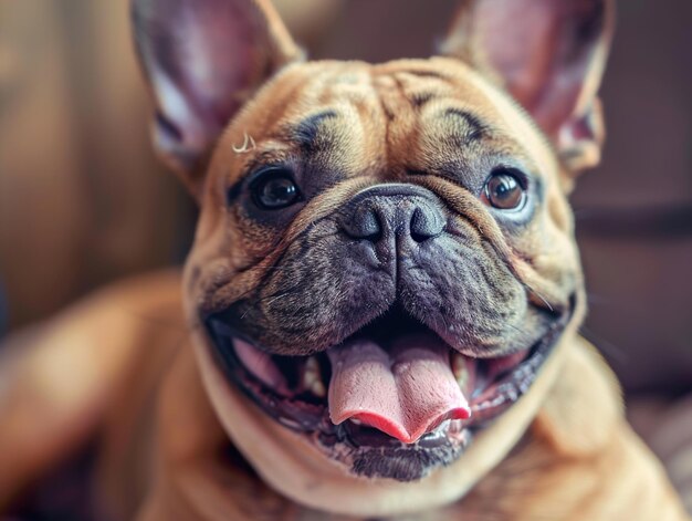 Photo closeup portrait of a happy french bulldog with its tongue sticking out