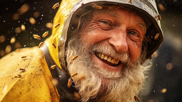 A closeup portrait of a happy smiling senior male beekeeper in a protective uniform surrounded by bees in an apiary Honey harvesting beekeeping farming concepts