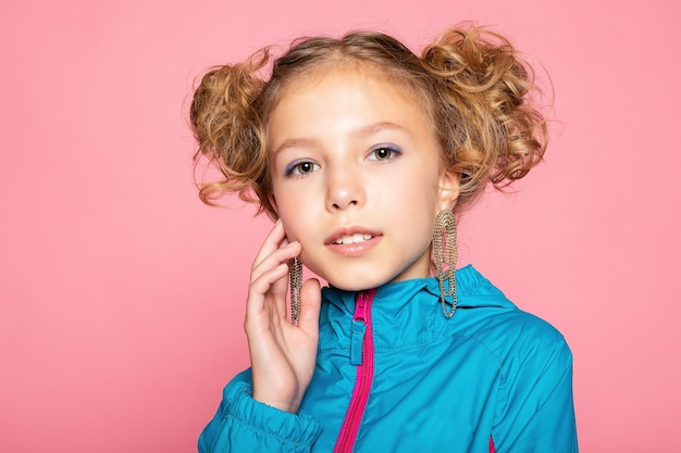 Closeup portrait of her she nicelooking attractive lovely sweet curious cheerful cheery smart clever girl creating new idea solution fantasize copy space isolated pink pastel color background