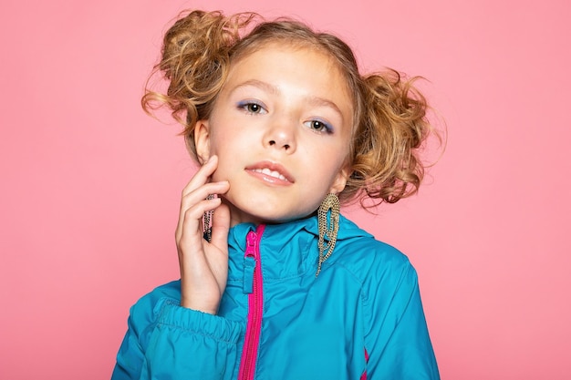 Closeup portrait of her she nicelooking attractive lovely sweet curious cheerful cheery smart clever girl creating new idea solution fantasize copy space isolated pink pastel color background