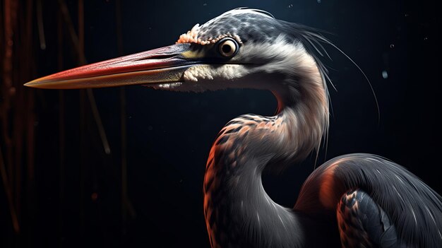 Closeup portrait of a heron on a black background Generative AI