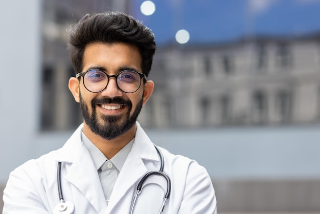 Closeup portrait of hindu doctor man in glasses smiling and looking at camera doctor student intern