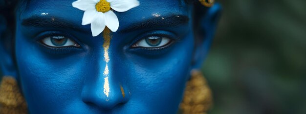 Photo closeup portrait of hindu god lord krishna with blue skin and beautiful jewelry krishna janmashtami