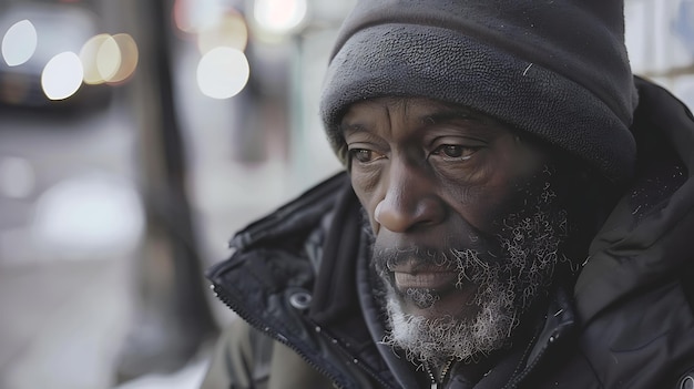 A closeup portrait of a homeless man He is wearing a black beanie and a black jacket He has a beard and his eyes are looking down