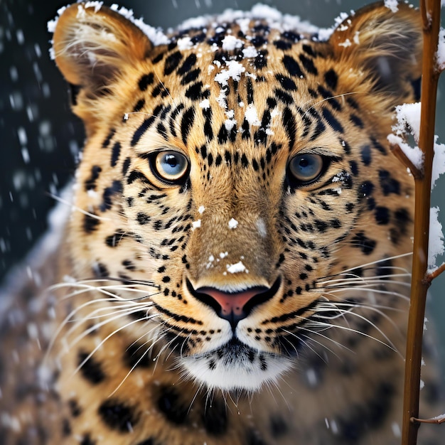 Closeup portrait of a leopard on a snowy background