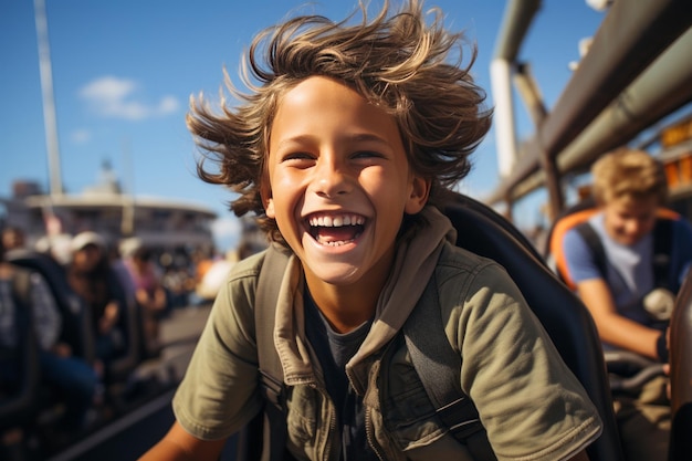 Closeup portrait of a little boy riding in an amusement park Excited cheerful little kid enjoying the ride and laughing happily A happy childhood is the concern of parents