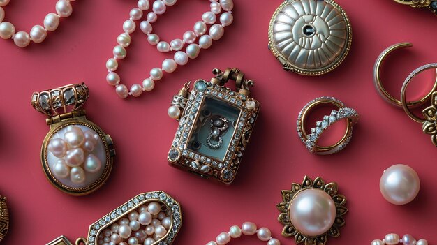 Photo closeup portrait of lockets pearls and rings