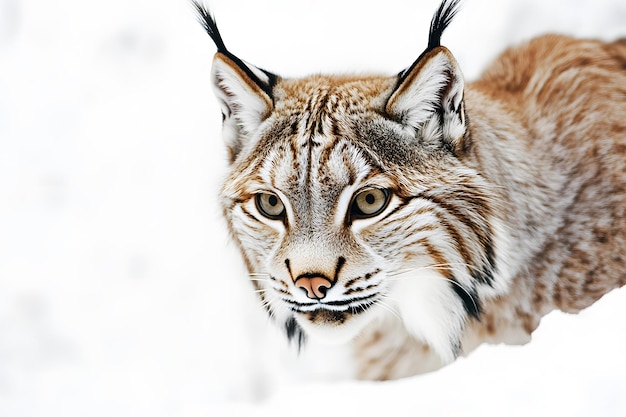 Photo closeup portrait of a lynx with black tufts on its ears looking forward in the snow