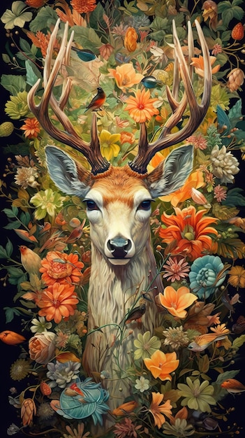 Closeup portrait of a majestic deer in fantasy background Wildlife animalsDeer Bright colorful paint