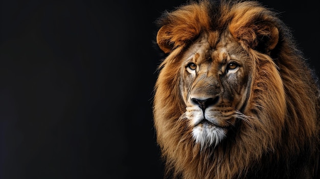 Closeup portrait of a majestic lion with a thick mane against a black background