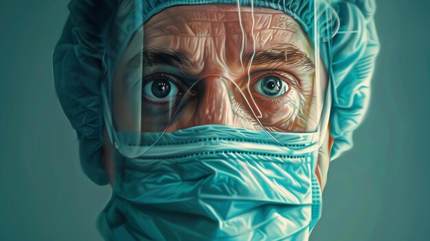 A closeup portrait of a male doctor wearing a surgical mask and a face shield His eyes are wide and he looks exhausted