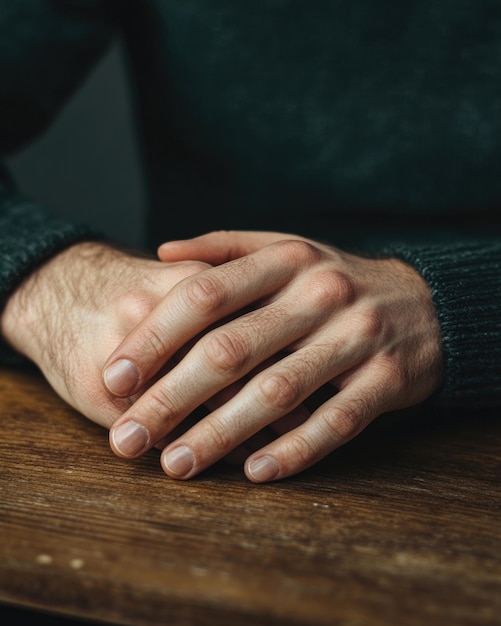 Photo closeup portrait of male hands on a table