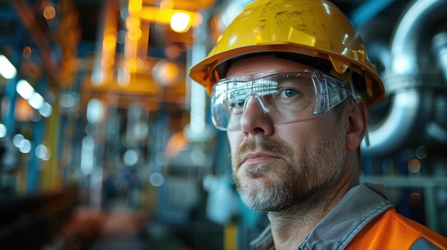 Closeup portrait of a male industrial worker wearing a yellow hard hat and protective goggles in a factory setting