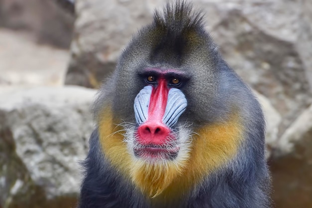 Closeup portrait of a male Mandrillus monkey