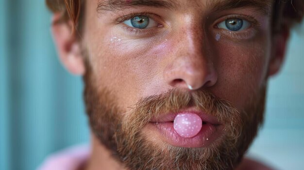 CloseUp Portrait of a Man Blowing a Bubble with Chewing Gum