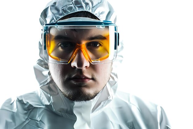 Photo closeup portrait of a man wearing protective gear and safety glasses