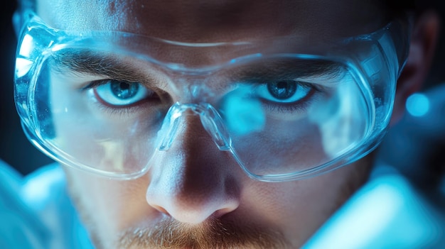 Photo closeup portrait of a man wearing safety glasses