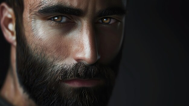 A closeup portrait of a man with a beard and intense eyes looking directly at the camera