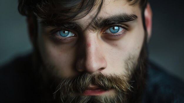 Closeup portrait of a man with a beard and piercing blue eyes