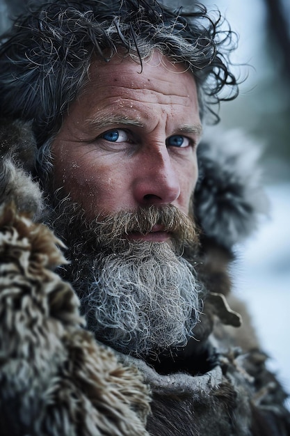 Closeup portrait of a man with a long beard and mustache in a fur coat on a snowy winter day