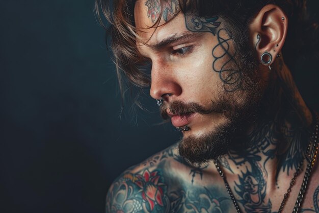 Photo a closeup portrait of a man with numerous tattoos and piercings looking down and exuding a rebellious aura men with tattoos and piercings exuding a rebellious vibe